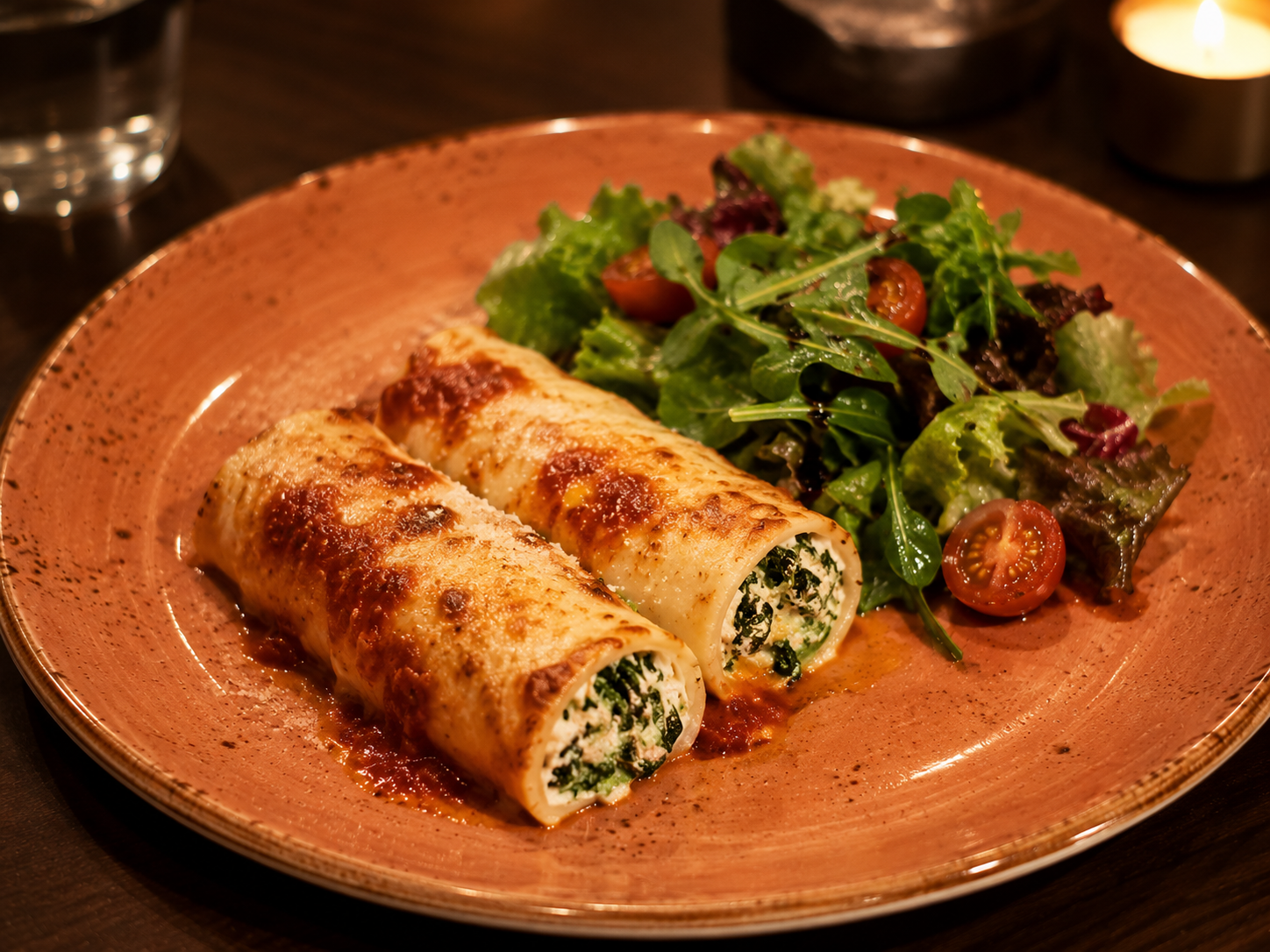 Cannelloni ricotta et épinards, sauce tomate et salade